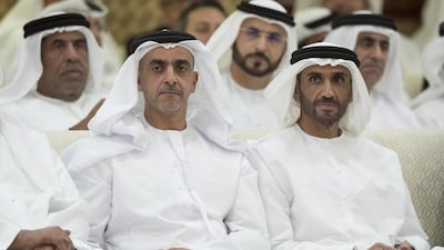 Sheikh Saif, Deputy Prime Minister and Minister of Interior, left, and Sheikh Nahyan bin Zayed Al Nahyan, Chairman of the Board of Trustees of Zayed bin Sultan Al Nahyan Charitable and Humanitarian Foundation, at the lecture. Hamad Al Kaabi / Crown Prince Court - Abu Dhabi