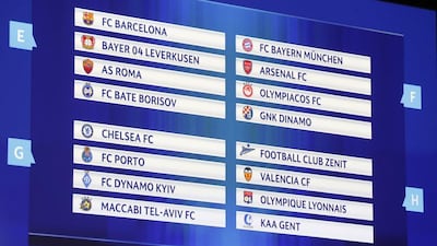 The draw for groups E, F, G and H is displayed on a screen during the Uefa Champions League Group stage draw ceremony in Monaco. Valery Hache / AFP