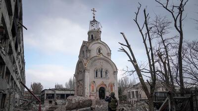 A church damaged by shelling in a residential area of Mariupol, Ukraine. AP