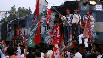 Samajwadi Party activists block a railway track during a protest in Allahabad. The strike was over a government decision to open the country’s retail market to foreign companies and to reduce fuel subsidies.