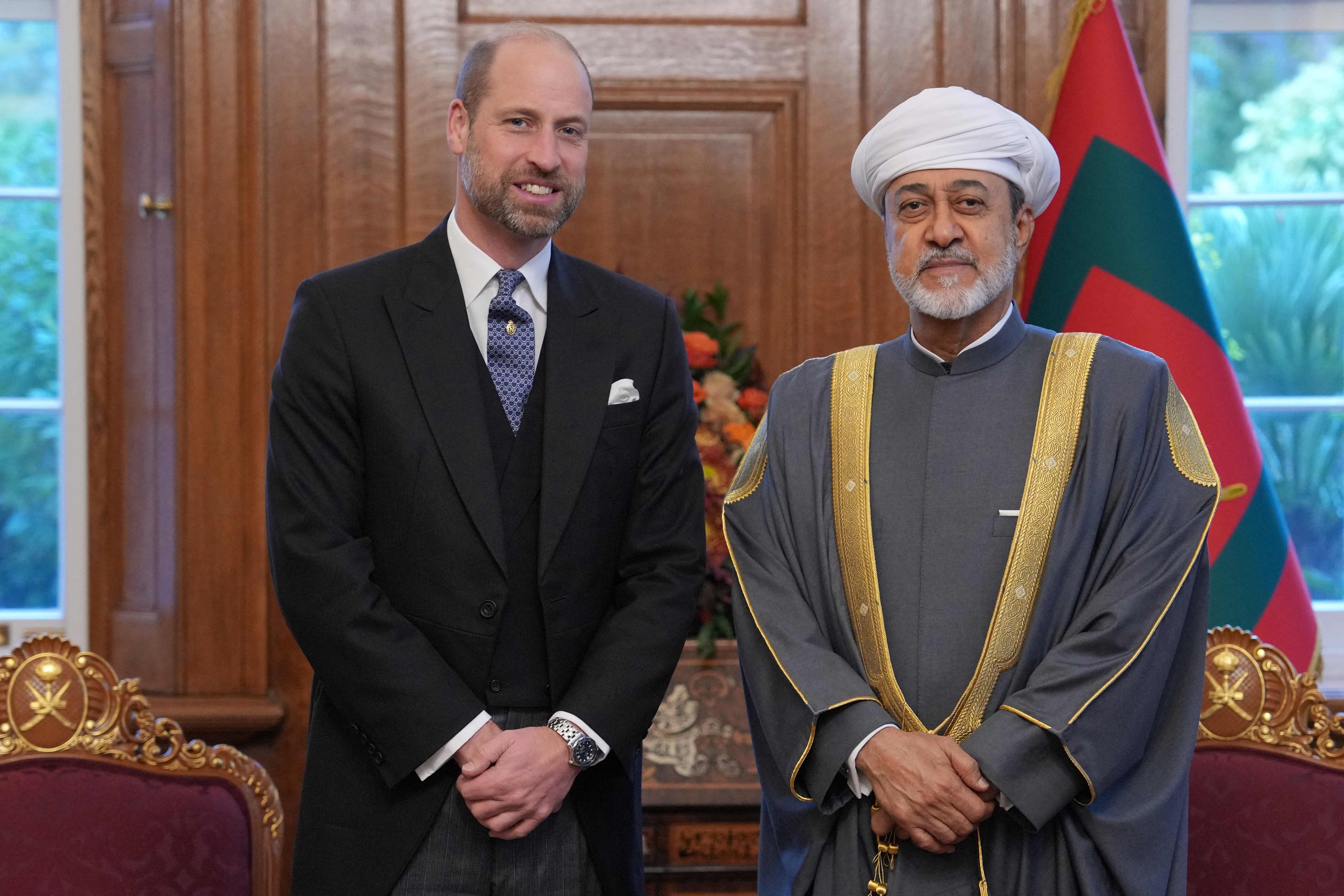 Oman's Sultan Haitham with Prince William, Prince of Wales, in London before the trip to Windsor. AFP