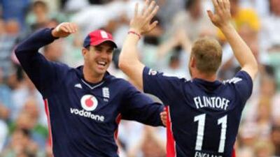 Kevin Pietersen, congratulating Andrew Flintoff, has had plenty to celebrate since becoming the England captain.