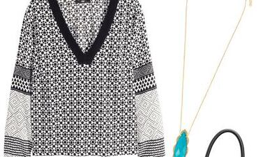 For a day of meetings, take a laid-back, luxe approach with a printed monochrome blouse, camel-coloured trousers, black slingbacks, a perforated leather bag and a necklace with a pendant in opulent turquoise. 1. Top, Dh129, H&M, Yas Mall, 02 492 6534; The Dubai Mall, 04 330 8327. 2. Trousers, Dh325, Banana Republic, Al Wahda Mall, 02 443 7006; The Dubai Mall, 04 339 0462. 3. Necklace, Dh950, Y Eyes at Bloomingdale’s, The Dubai Mall, 04 350 5333. 4. Bag, Dh595, Armani Exchange, The Dubai Mall, 04 339 9472. 5. Heels, Dh3,450, Manolo Blahnik at Bloomingdale’s.