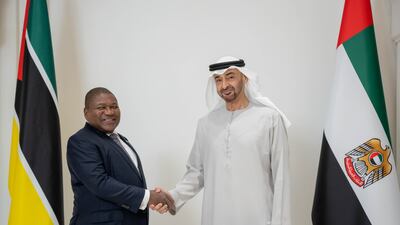 President Sheikh Mohamed welcomes Filipe Nyusi, President of Mozambique, at Al Shati Palace. Rashed Al Mansoori / UAE Presidential Court
