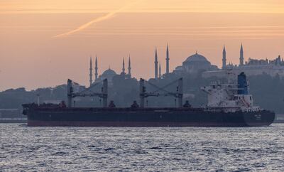 A cargo vessel carrying Ukrainian grain transits through the Bosphorus in Istanbul, Turkey. Reuters