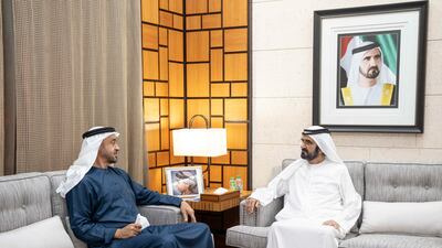 Sheikh Mohammed bin Rashid, Vice President and Ruler of Dubai, receives Sheikh Mohamed bin Zayed, Crown Prince of Abu Dhabi and Deputy Supreme Commander of the Armed Forces.