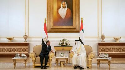 Sheikh Mohamed bin Zayed, Crown Prince of Abu Dhabi and Deputy Supreme Commander of the Armed Forces speaks with Abdel Fattah El Sisi, President of Egypt during his arrival at the Presidential Airport. Hamad Al Kaabi / Ministry of Presidential Affairs