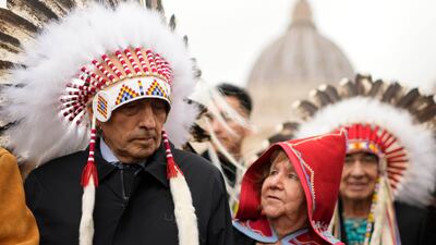 Former national chief of the Assembly of First Nations, Phil Fontaine, stands outside St Peter's Square at the end of a meeting with Pope Francis at the Vatican on March 31, 2022. AP