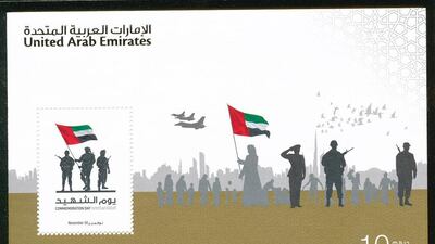 The Emirates Post Group and the Martyrs’ Families’ Affairs Office have released a stamp and postcard to honour the country's fallen servicemen. Courtesy Empost