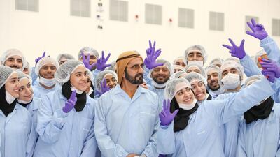 Sheikh Mohammed bin Rashid, Vice President and Ruler of Dubai, with the staff at Mohammed bin Rashid Space Centre. Courtesy: MBRSC