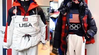 This combination of photos shows uniforms for the Team USA Beijing Winter Olympics opening ceremony, left, and closing ceremony, right. Invision / AP