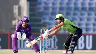 Agha Salman of Lahore Qalanders playing a shot during the Abu Dhabi T20 cricket match between Lahore Qalanders vs Hobart Hurricanes held at Zayed Cricket Stadium in Abu Dhabi. Photos by Pawan Singh / The National