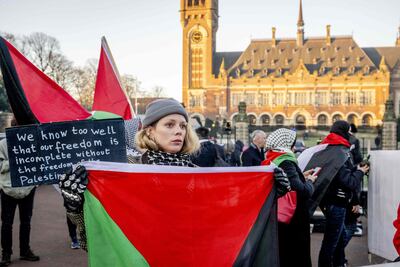 Pro-Palestinian demonstrators outside the International Court of Justice during hearings on the Gaza conflict. AFP