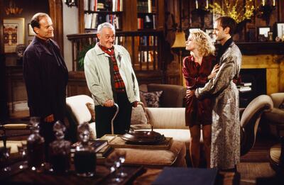 Kelsey Grammer as Dr Frasier Crane, John Mahoney as Martin Crane, Jessica Cauffiel as Kit, David Hyde Pierce as Dr Niles Crane. Getty