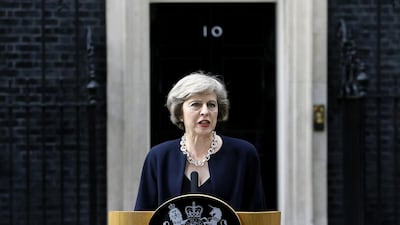 New British Prime Minister Theresa May speaking outside her official residence,10 Downing Street in London July 13, 2016. Kirsty Wigglesworth/ AP