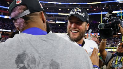 Los Angeles Rams wide receiver Odell Beckham Jr, left, and quarterback Matthew Stafford embrace after the game. EPA