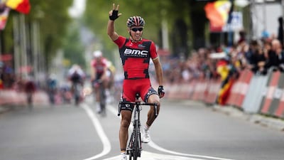 Belgium cyclist Phillipe Gilbert of BMC Team reacts as he crosses the finish of the 49th edition of the Amstel Gold Race in the province of Limburg, the Netherlands. Jerry Lampen / EPA / April 20, 2014