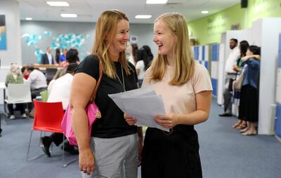 ABU DHABI , UNITED ARAB EMIRATES , AUGUST 22 – 2019 :- Cara Easton ( right ) with her mother after receiving the GCSE results at the Brighton College in Abu Dhabi. ( Pawan Singh / The National ) For News. Story by Kelly