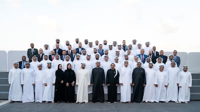 Sheikh Mohamed bin Zayed, Crown Prince of Abu Dhabi and Deputy Supreme Commander of the Armed Forces, front centre, meets members of the Zayed Charity Marahon organising committee during a Sea Palace barza. Courtesy: Ministry of Presidential Affairs