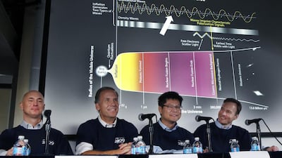 Scientists, from left Clement Pryke, Jamie Bock, Chao-lin Kuo and John Kovac reveal their findings on the early expansion of the universe at the Harvard-Smithsonian Centre in Cambridge, Massachusetts. Elise Amendola / AP Photo