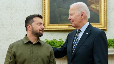 US President Joe Biden met Ukrainian President Volodymyr Zelenskyy in the Oval Office on Thursday. AP