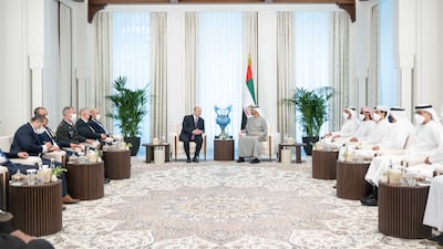 President Sheikh Mohamed bin Zayed meets with Naftali Bennett at Al Shati Palace. Rashed Al Mansoori / Ministry of Presidential Affairs