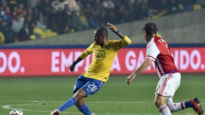 Robinho plays a pass for Brazil during their Copa America quarter-final loss to Paraguay last Saturday. Nelson Alemeida / AFP / June 27, 2015