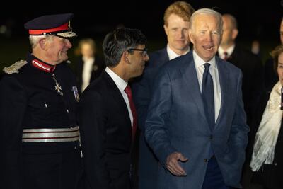 Mr Biden was greeted by Britain's Prime Minister Rishi Sunak on arrival in Belfast. Photo: 10 Downing Street