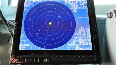 A radar is seen on the monitoring tower of USS Boxer.