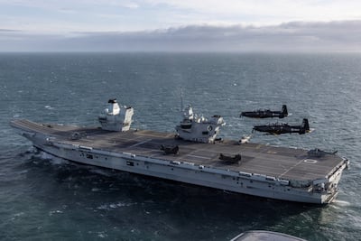 HMS Queen Elizabeth on Exercise Faraday Field in the Irish sea near Anglesey, RAF Valley. Reuters