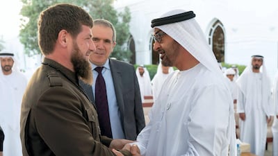 Sheikh Mohamed bin Zayed, Crown Prince of Abu Dhabi and Deputy Supreme Commander of the UAE Armed Forces, receives Ramzan Kadyrov President of Chechnya, during a Sea Palace barza. Rashed Al Mansoori / Ministry of Presidential Affairs