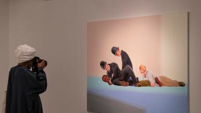 A work by Kimathi Donkor, an artist of Ghanaian, Anglo-Jewish and Jamaican descent, who lives in London and explores the history of Africa and its global diasporas.