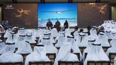 Andre Borschberg, left, and Bertrand Piccard deliver the Solar Impulse: One Year On lecture at the Ramadan majlis. Hamad Al Kaabi and Ryan Carter/ Crown Prince Court – Abu Dhabi