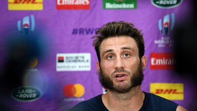 France's full-back Maxime Medard gives a press conference at the Suizenji Athletic Field in Kumamoto. AFP