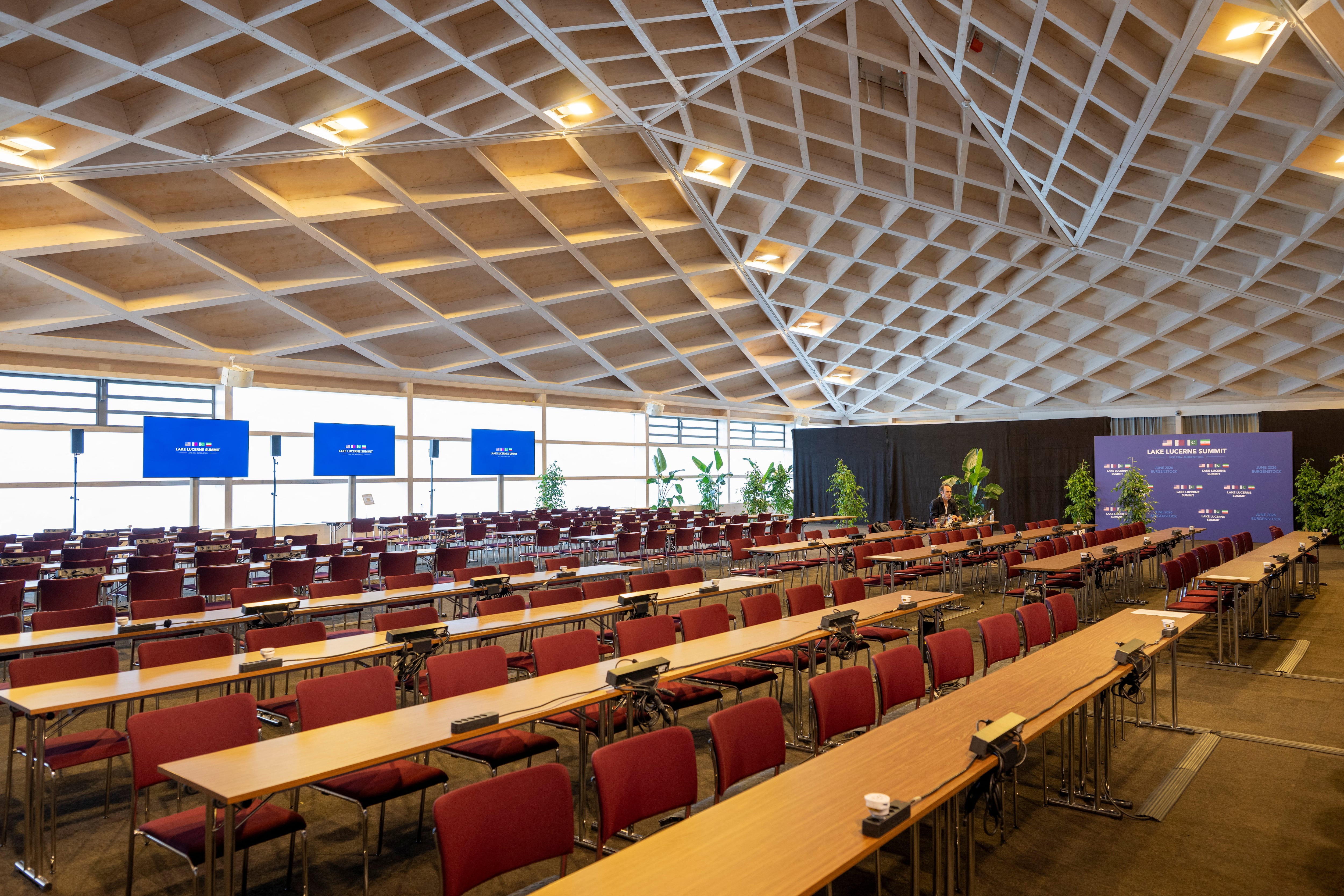 The media centre in the Tennis Hall at Burgenstock. Reuters