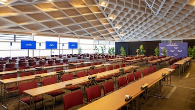 The media centre in the Tennis Hall at Burgenstock. Reuters