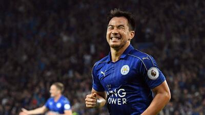 Leicester City’s Shinji Okazaki celebrates after scoring his and Leicester’s second goal. Anthony Devlin / AFP