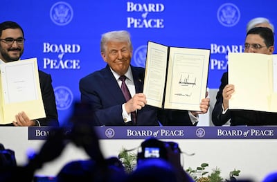 US President Donald Trump holds a signed founding charter of the Board of Peace during the WEF Annual Meeting in Davos on January 22. AFP