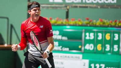 Milos Raonic of Canada reacts after defeating David Goffin of Belgium in the Indian Wells Masters semi-final on Saturday in California. Robyn Beck / AFP / March 19, 2016