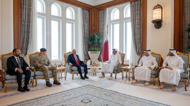 Sheikh Tamim, Emir of Qatar, meets British Defence Secretary John Healey. Reuters