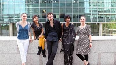 Four of the winners and their curator, from left: Nadia Kaabi-Linke from Tunisia, Hamra Abbas from Pakistan, the Iranian-German Timo Nasseri, Sharmini Pereira, the guest curator, and Jananne Al-Ani from Iraq.