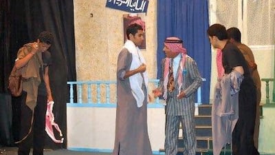 Jordanian actors perform in "Neither East nor West" in Amman. The play brings to the stage with subtle sarcasm the rifts between East Bank Jordanians and those of Palestinian origin, or West Bankers.