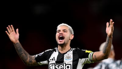 Newcastle captain Bruno Guimaraes celebrates at the end of the win at Old Trafford that lifted Newcastle up to fifth in the table. Getty Images