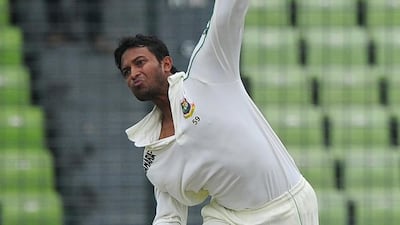 Shakib Al Hasan claimed all three of New Zealand's fallen wickets on Day 2. Munir uz Zaman / AFP