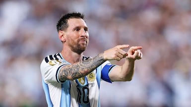 Lionel Messi celebrates after scoring his third goal against Algeria at Kansas City Stadium. Getty Images