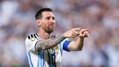 Lionel Messi celebrates after scoring his third goal against Algeria at Kansas City Stadium. Getty Images