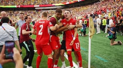 Switzerland's Ruben Vargas celebrates with teammates after scoring a penalty to win the shootout against Colombia, in Vancouver. Reuters