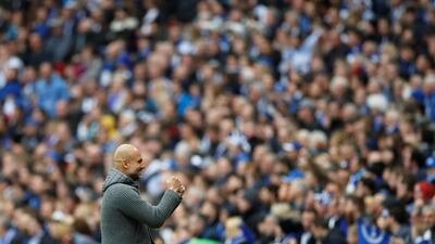 Manchester City manager Pep Guardiola celebrates their first goal. Reuters