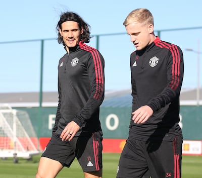 Edinson Cavani and Donny van de Beek of Manchester United attend a first team training session at Carrington. Getty Images