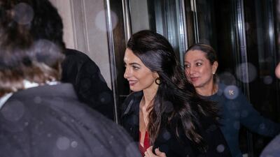 Amal Clooney leaves the baby shower for Meghan, Duchess of Sussex, at The Mark Hotel, on February 20, 2019, in New York. AP